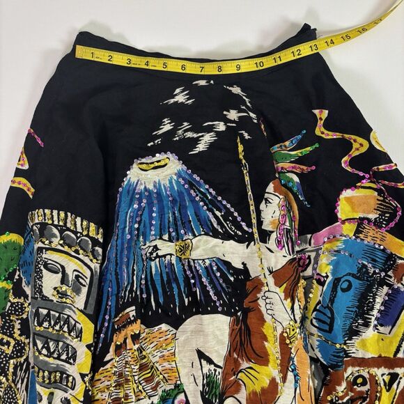 Ishyu Graphic Aztec Mayan Flared Flowy Maxi Skirt Sequins Volcano Women's Small - Picture 6 of 12